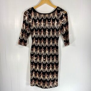 VTG Deb Black Brown Tan Scalloped Sequin Low Back Mini Cocktail Dress Womens Med